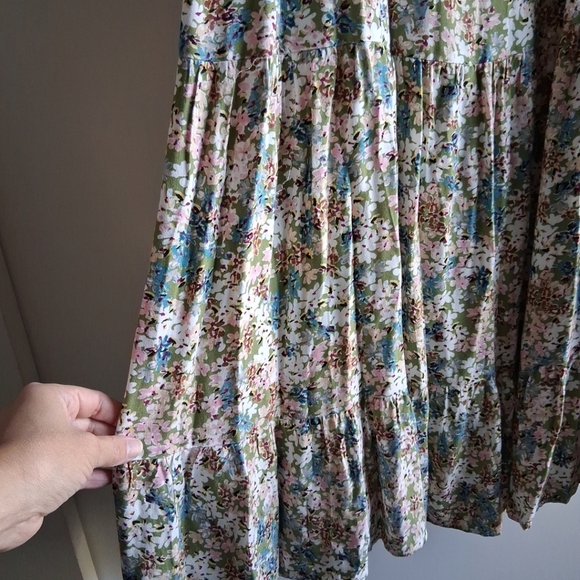 Ditsy Floral Faux Pearl Button Front Tiered Midi Dress Adjustable Straps L - Picture 6 of 8